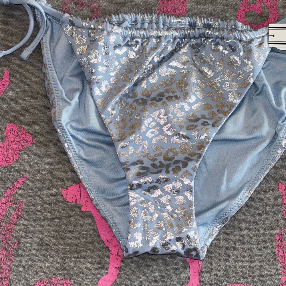 Victoria’s Secret PINK String Bikini Set Icy Blue Leopard Foil Metallic SM - Picture 10 of 12